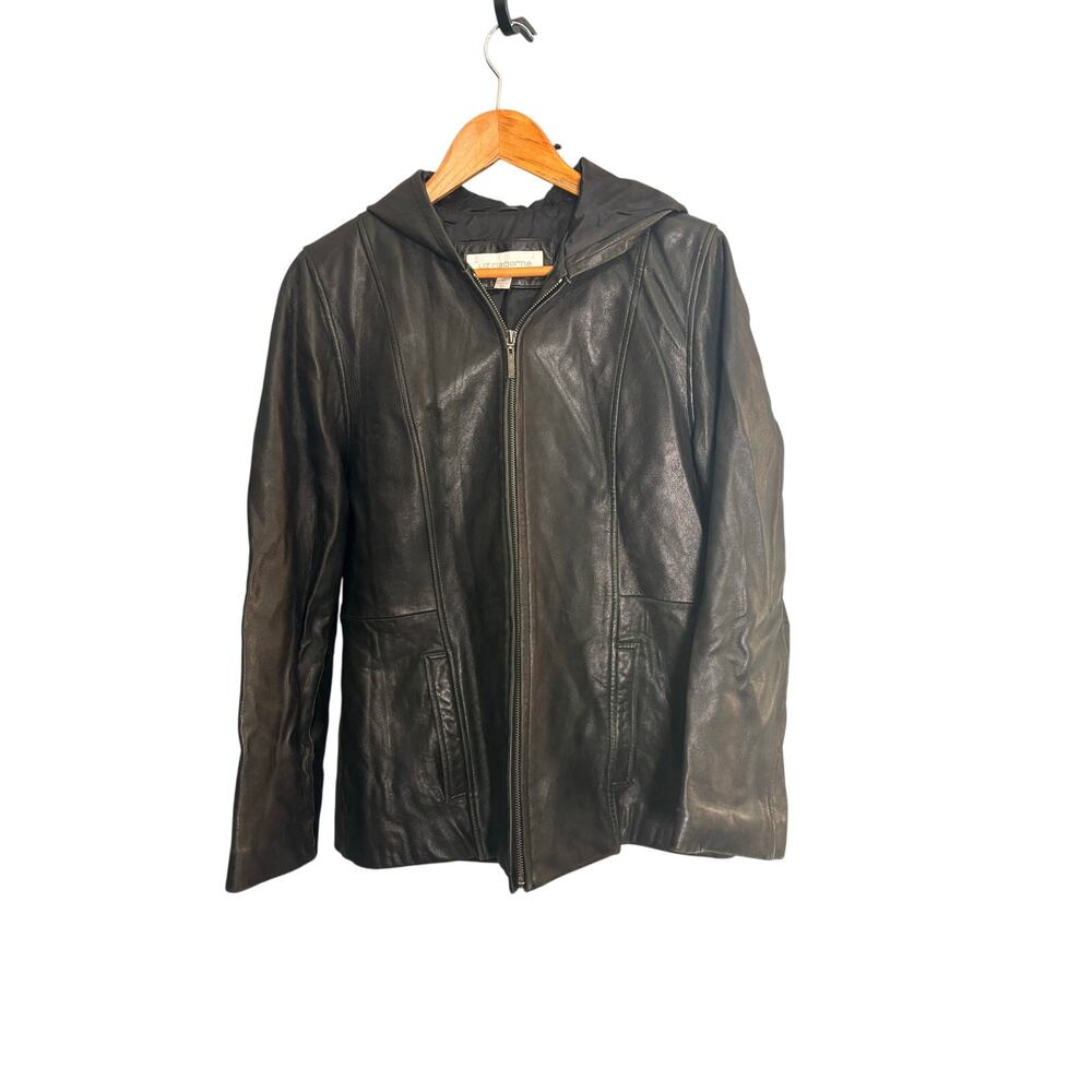Liz Claiborne Black‎ Leather Hooded Jacket M - Soft Zip-Up Coat